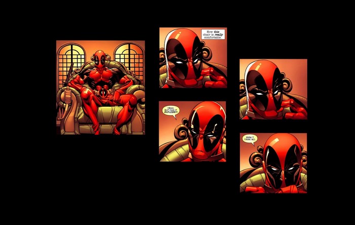Deadpool sitting on a throne and in close-ups