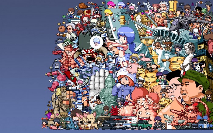 Collage of characters and objects from various media