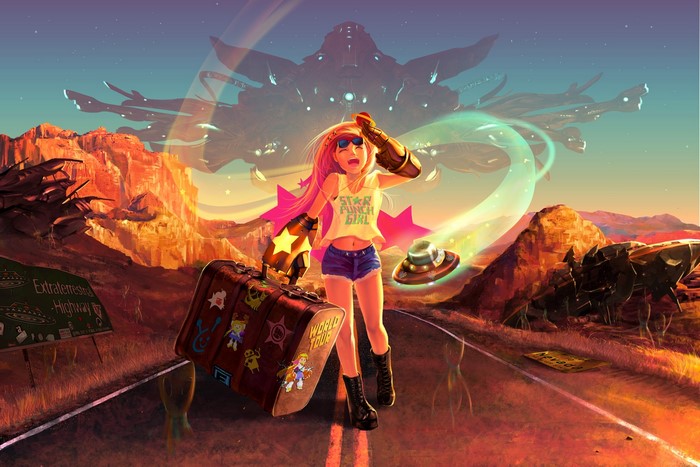 Girl with suitcase and UFOs in desert landscape
