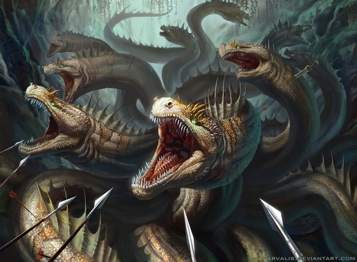 Mythological Hydra with multiple heads and spears