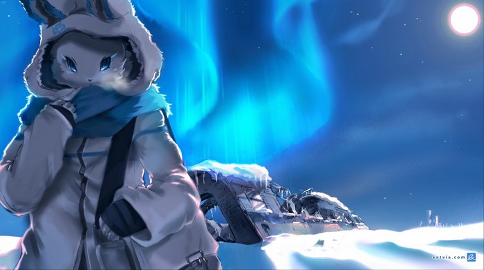 Furry character in winter coat under aurora borealis