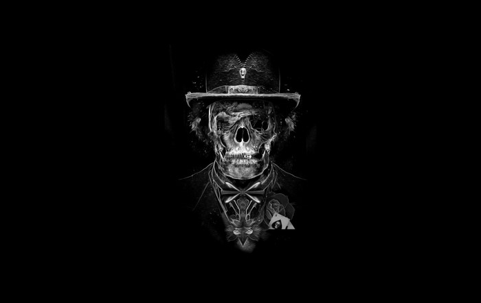 Monochrome illustration of a skull wearing a hat and suit