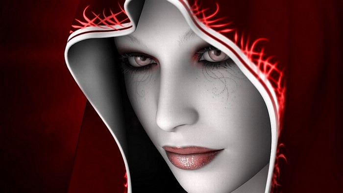 Fantasy girl with red hood and glowing patterns