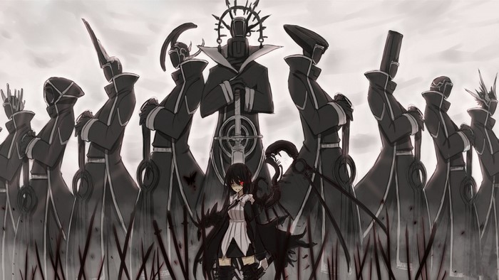 Anime girl with red eyes and dark wings surrounded by figures
