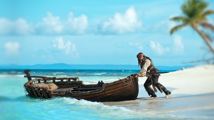 Jack Sparrow from Pirates of the Caribbean pushing a boat