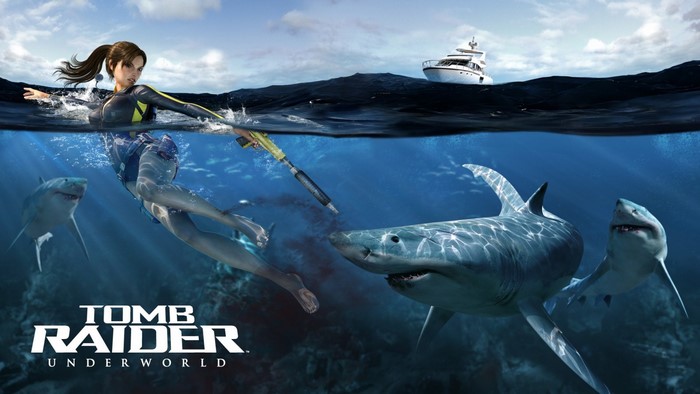 Lara Croft in Tomb Raider Underworld with sharks