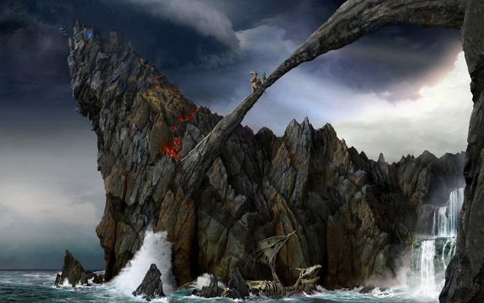 Fantasy castle on a rocky cliff with a dragon skeleton