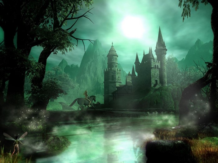 Fantasy castle with a woman on horseback and a fairy