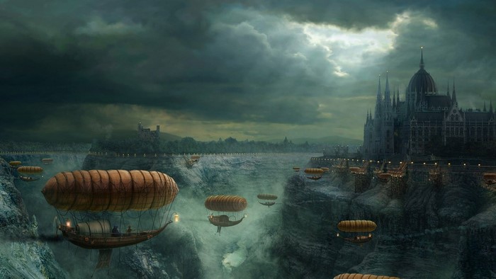Steampunk airships over a canyon city at dusk