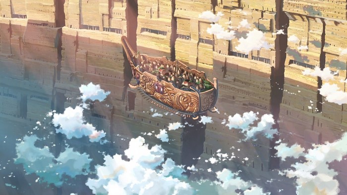 Ship sailing through a city in the sky