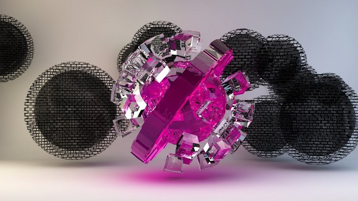 Abstract geometric sculpture with pink and clear crystals
