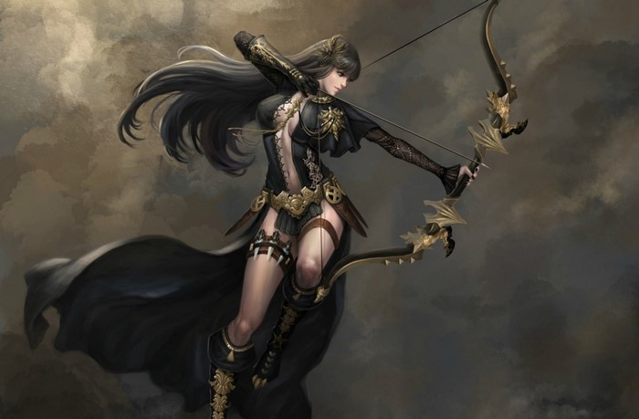 Woman warrior with bow and arrow in dark fantasy setting