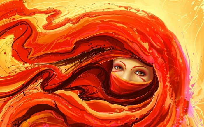Woman with red veil and flowing fabric