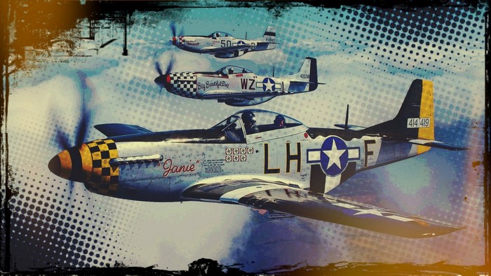 Three vintage P-51 Mustang fighter aircraft in flight