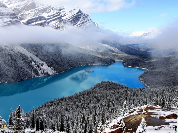 Snowy Mountain Lake and Forest Valley Landscape
