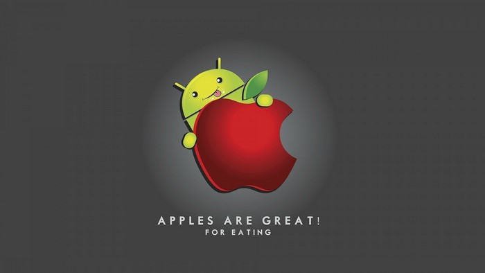 Android mascot eating an Apple logo