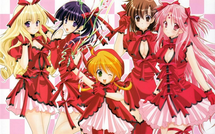 Anime girls in red dresses with party streamers