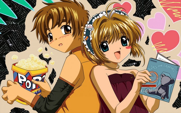Sakura and Syaoran from Cardcaptor Sakura with popcorn and book