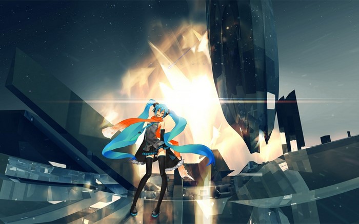 Hatsune Miku performing on a futuristic stage