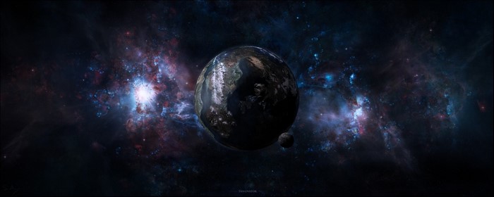 Planet and moon in a colorful nebula