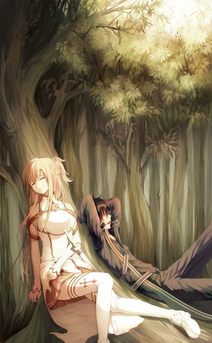Asuna and Kirito from Sword Art Online resting in a forest