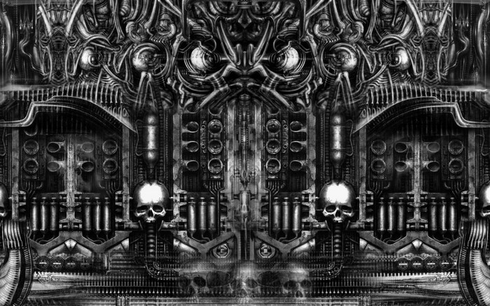 Monochrome surreal artwork with skulls and mechanical structures