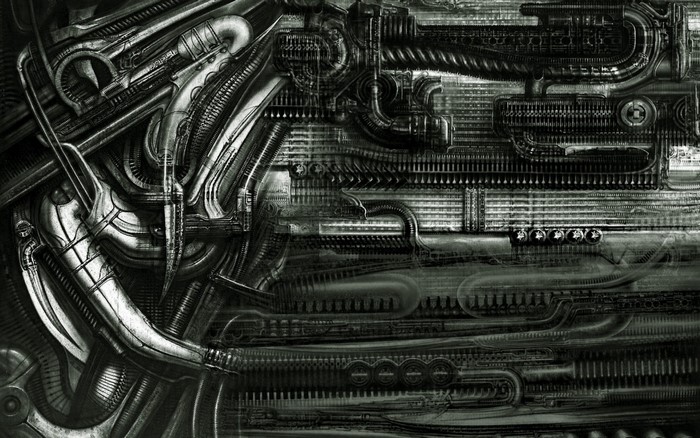 Monochrome abstract biomechanical drawing by H.R. Giger