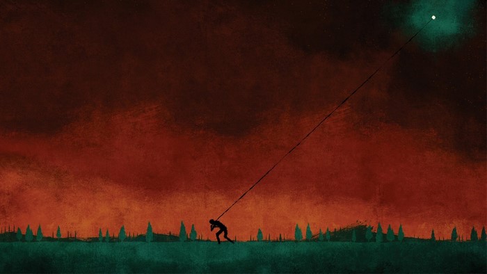 Artwork of a person pulling a light in the night sky