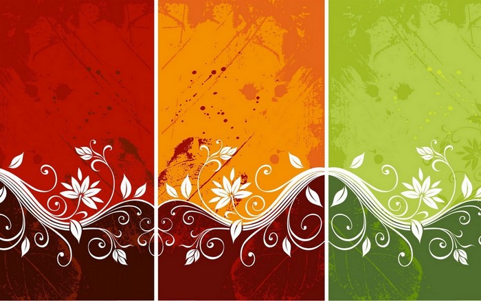 Abstract floral design with red, orange, and green panels