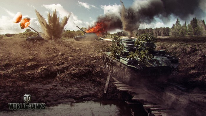 World of Tanks battle with explosions and burning tanks