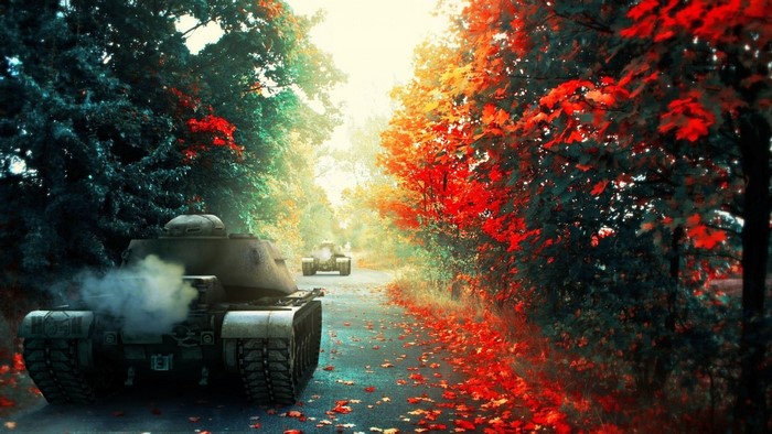 T110E4 tanks in an autumn forest