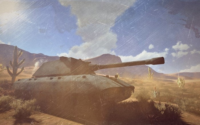 E 100 tank in a desert landscape from World of Tanks