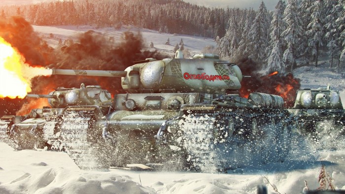 Tanks firing in a snowy forest in World of Tanks