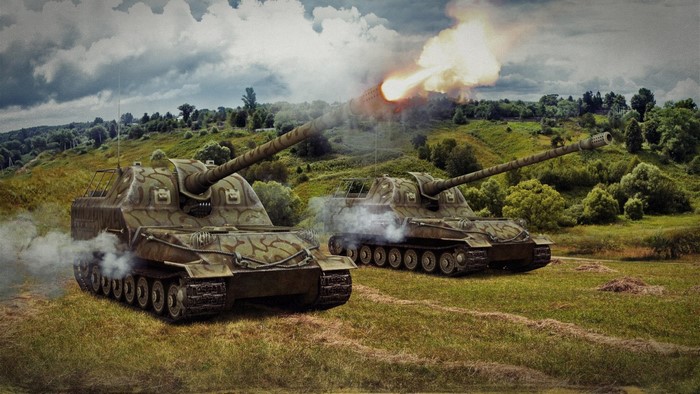 Two Obj 261 self-propelled artillery tanks firing