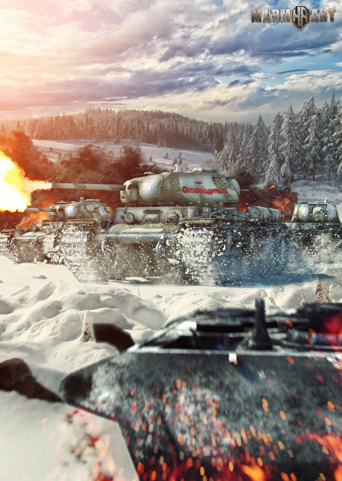 Tanks firing in a snowy forest during winter