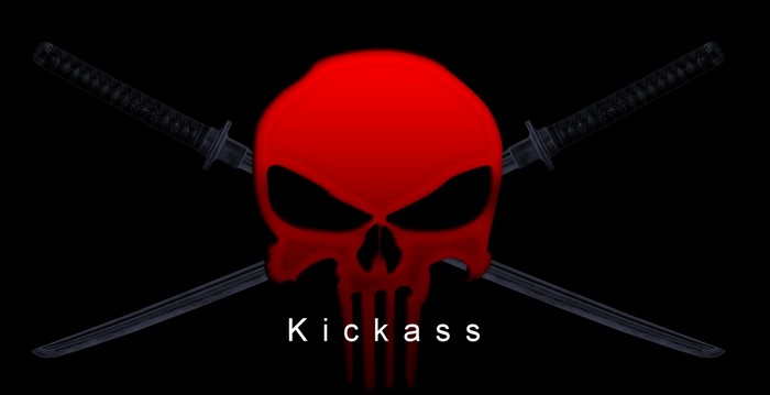 Red skull with crossed katanas and text Kickass