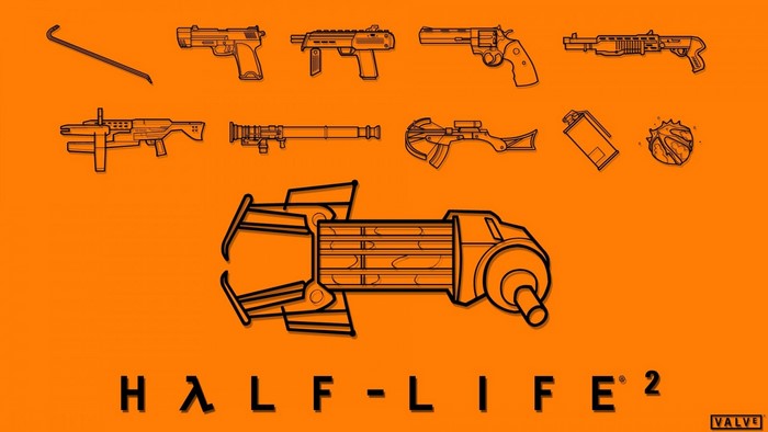 Half-Life 2 weapons and logo on orange background