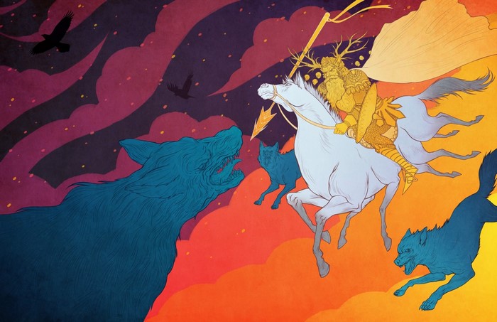 Odin riding a white horse with wolves and ravens