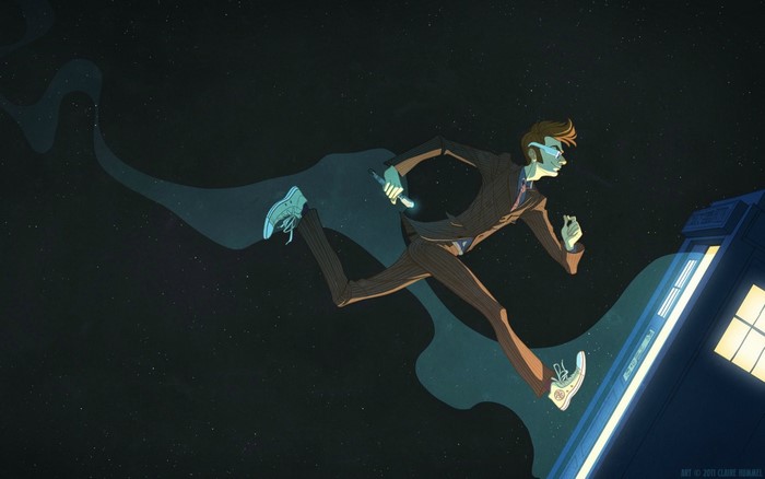 Tenth Doctor running towards the TARDIS in space