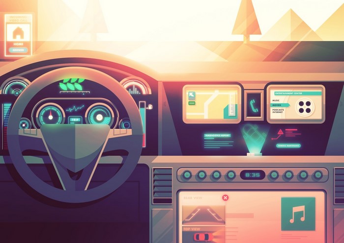Futuristic car interior with digital dashboard and screens