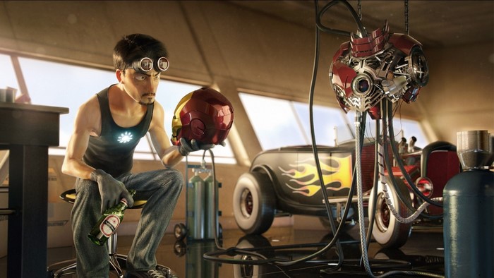 Tony Stark with Iron Man helmet and prototype