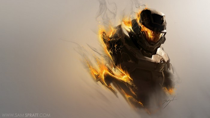 Noble Six from Halo Reach engulfed in fire