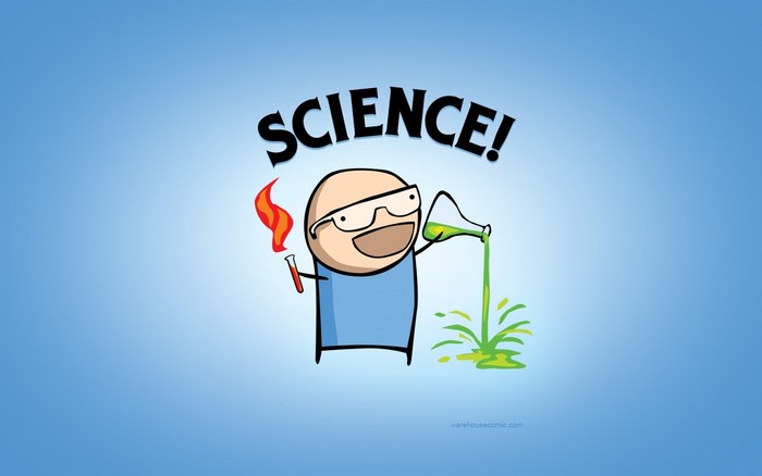 Cartoon scientist with beaker and flame