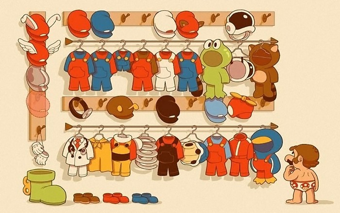 Mario Bros. costumes and accessories in a locker room