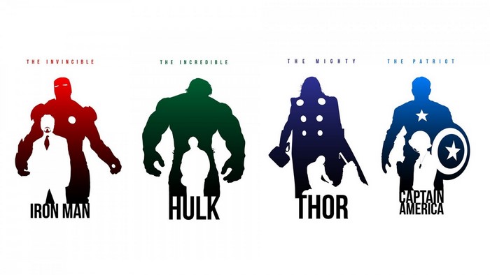 Iron Man, Hulk, Thor, and Captain America silhouettes