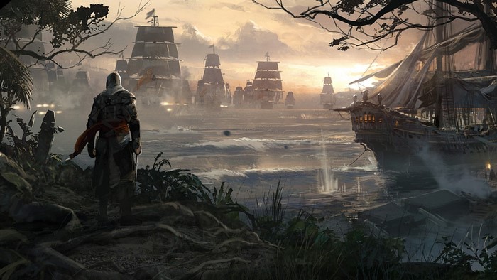Assassin from Assassin's Creed overlooking a fleet of pirate ships