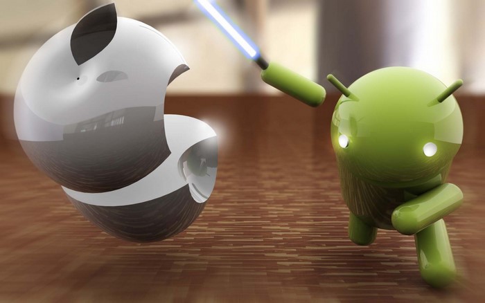 Android Robot fighting Apple Death Star with lightsaber
