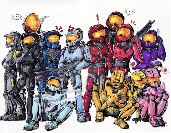Red vs Blue characters in colorful armor