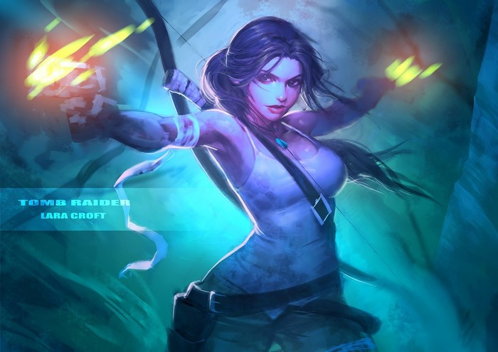 Lara Croft from Tomb Raider with a bow and arrow