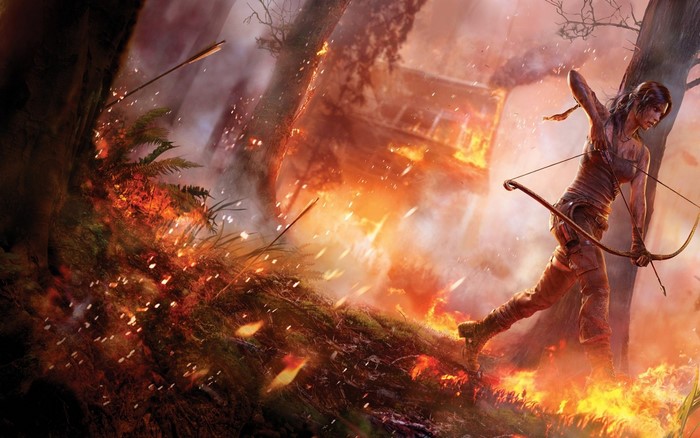 Lara Croft from Tomb Raider in a forest fire